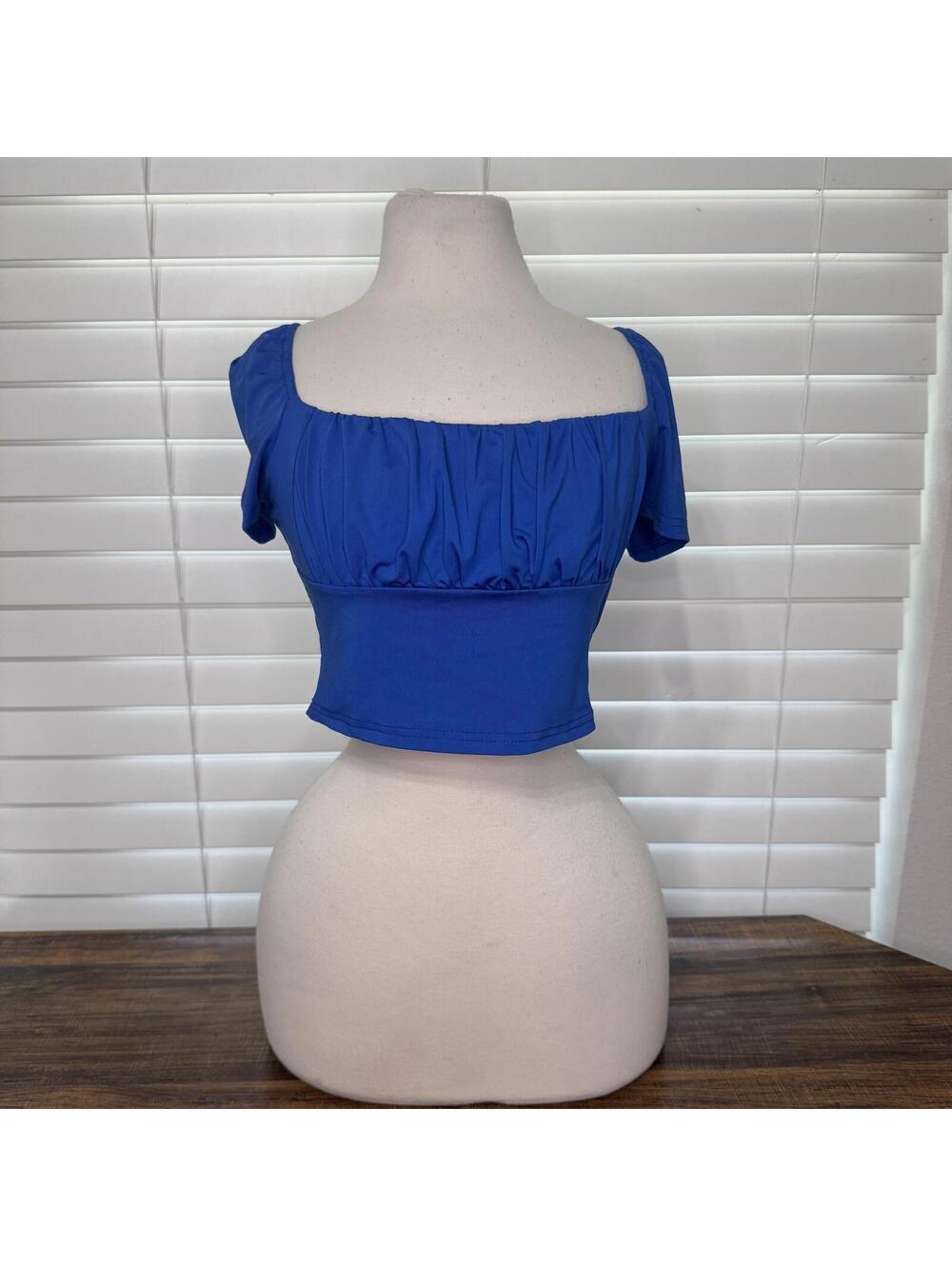 SHEIN Blue Square Neck Runched Crop Top Size Medium